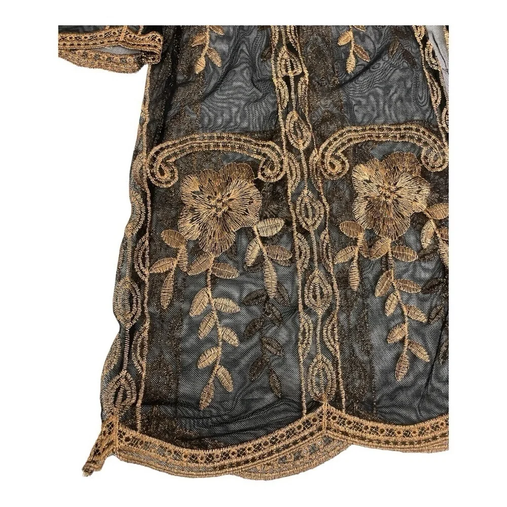 Haute Monde Kimono Duster Robe Jacket Women Size L Bronze Embroidery Boho Retro